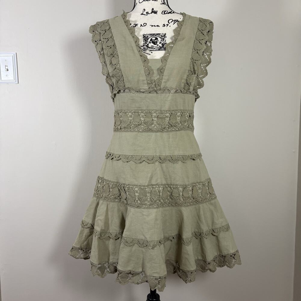Endless Rose Plunging V-Neck Lace Trim Tiered Mini Dress Sage Green S Boho Fairy